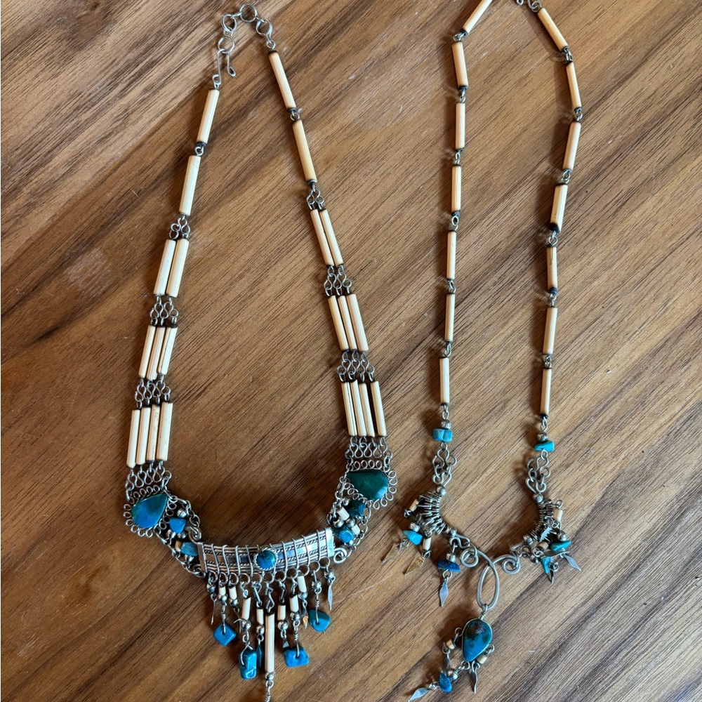 Boho Hippie Silver and Turquoise Necklace Set